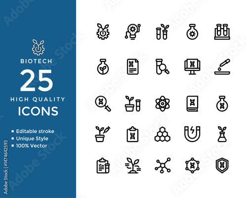 Biotech Line Icons – Genetics, DNA, Laboratory, Molecules, Plant Science, Research & Innovation – Editable Vector Set