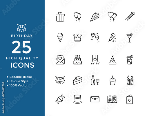 Birthday Celebration Icon Set – Cake, Balloons, Party Hat, Drinks, Gifts & Decorations – Editable Vector Line Icons