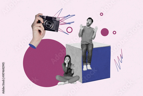 Exclusive magazine picture sketch collage image of happy girl guy pose retro camera hand cadre shooting paparazzi photo-zone photo