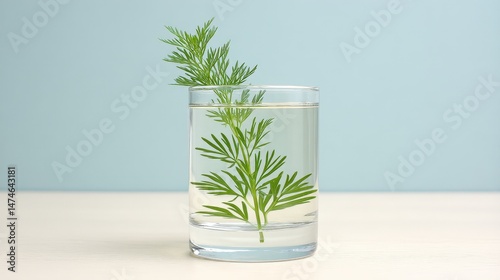 Fresh Green Herb in Clear Glass of Water on Soft Blue Background Ideal for Culinary Presentation
