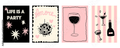 Whimsical cocktail disco music party poster invitation. Hand drawn drink wine food illustration in sketch simple style with disco glitter glass ball With stars.