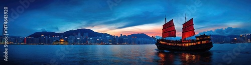 Wallpaper Mural Traditional Junk Boat Sailing in Victoria Harbour Skyline Dusk Hong Kong Torontodigital.ca