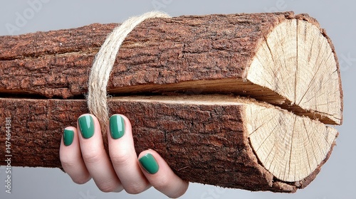 Hand Holding Raw Wooden Logs Tied with Twine Against a Neutral Gray Background