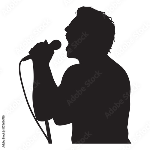 Man singer, man singing on mic, singer singing silhouette, vocalist singing to microphone Vector Black silhouette. with white background