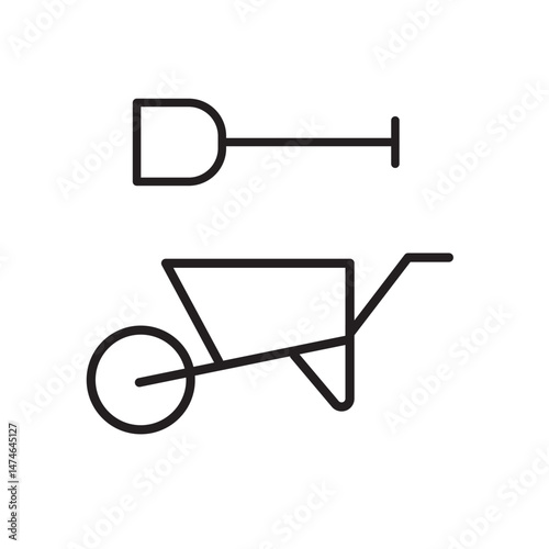 Garden wheelbarrow and shovel icon. Black contour linear silhouette. 