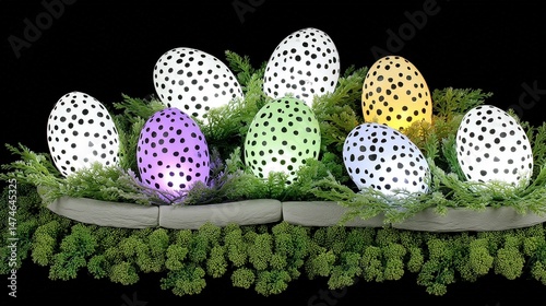 Colorful Polka Dot Easter Eggs Displayed on Greenery with Black Background for Spring Celebration