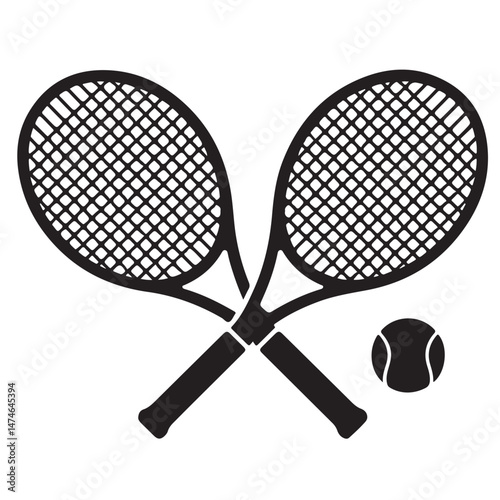 Tennis Racket and Ball Silhouette Icon, Crossed Tennis Rackets and Ball Icon, Two Tennis Rackets and Ball Black Silhouette Illustration set