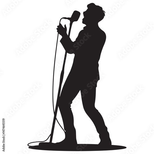 Man singer, man singing on mic, singer singing silhouette, vocalist singing to microphone Vector Black silhouette. with white background