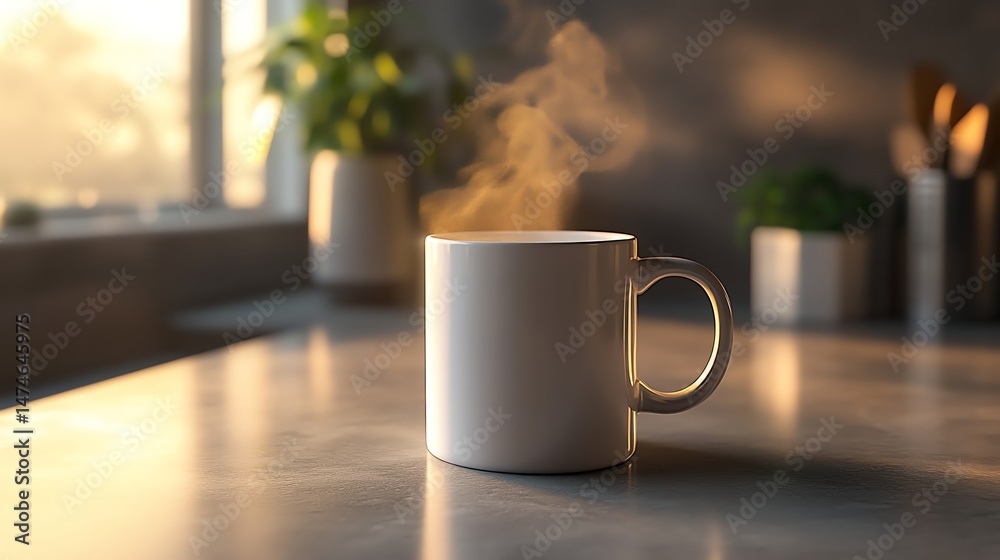 Warm morning light illuminates a steaming mug on a sleek countertop. Warm morning light illuminates a steaming mug on a sleek countertop.
