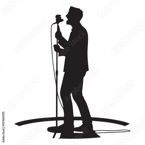 Man singer, man singing on mic, singer singing silhouette, vocalist singing to microphone Vector Black silhouette. with white background