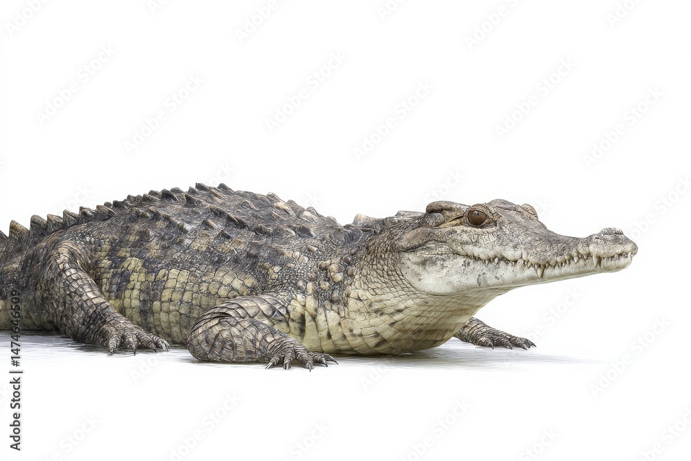 Obraz premium A young crocodile, resting on a white background.