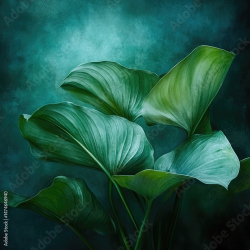 Lush green tropical leaves against a dark teal backdrop