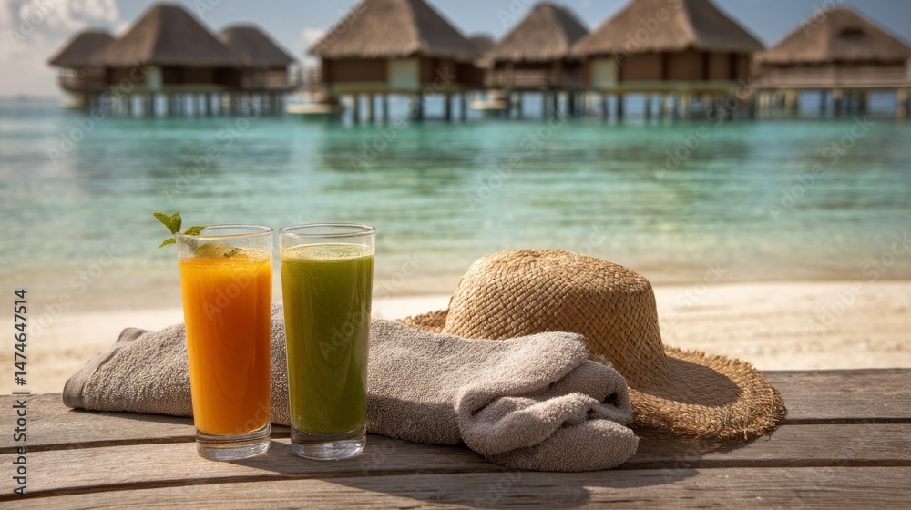 Obraz premium A beach scene with two glasses of juice and a straw hat