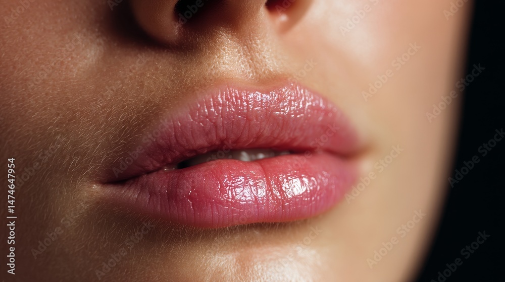 Fototapeta premium A close-up of lips with lip fillers, dark dramatic background upper and lower pastel pink part of your mouth