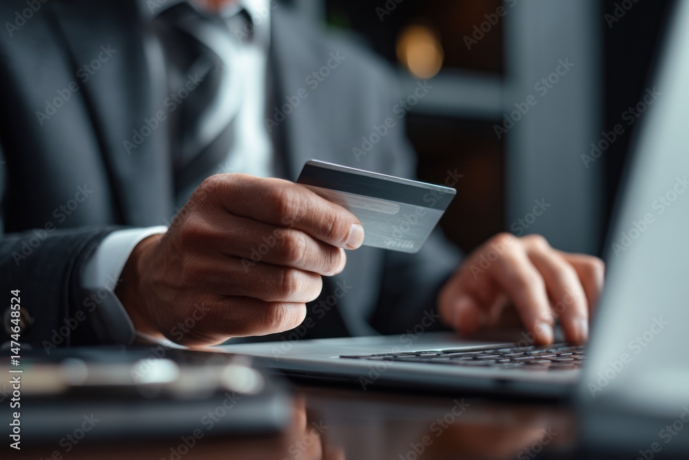 Man in suit uses credit card and laptop for online transaction. Man in suit uses credit card and laptop for online transaction.