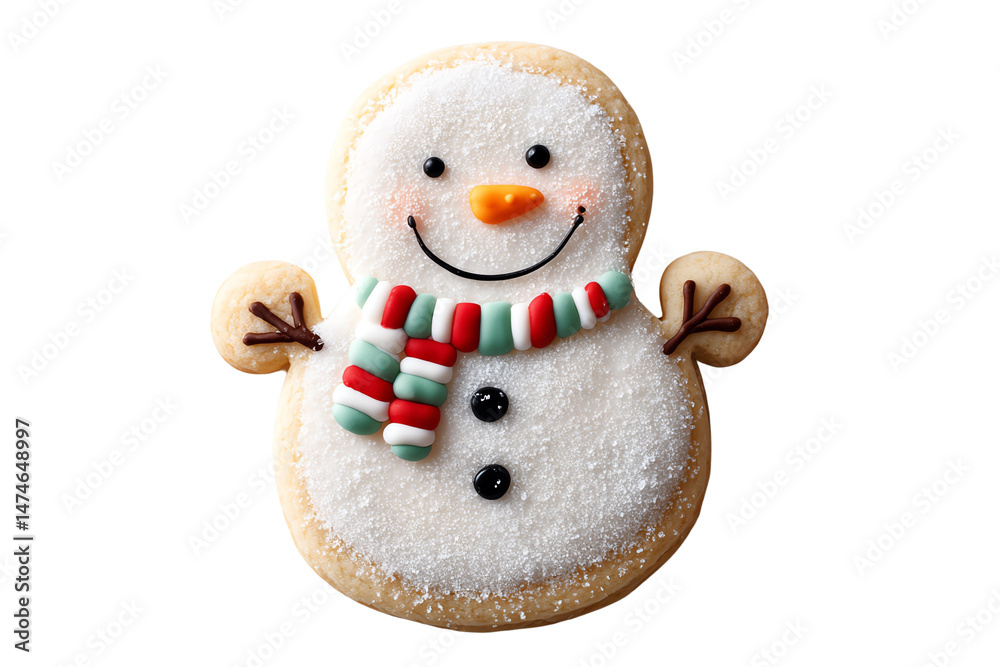 Fototapeta premium Snowman cookie with colorful scarf and smile on white isolate background.