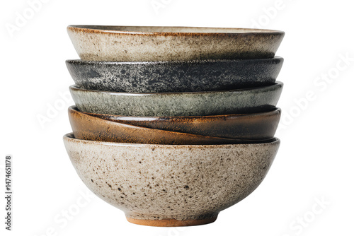 Stacked ceramic bowls, white isolated background