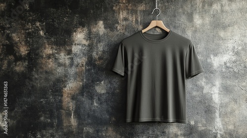  Dark gray t-shirt mockup hanging on rustic b