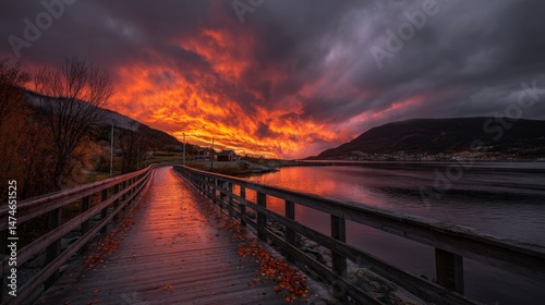Wallpaper Mural a dramatic sunset over a winding bridge, red and orange swirling sky, fjord in the background, fallen leaves on the wooden walkway Torontodigital.ca