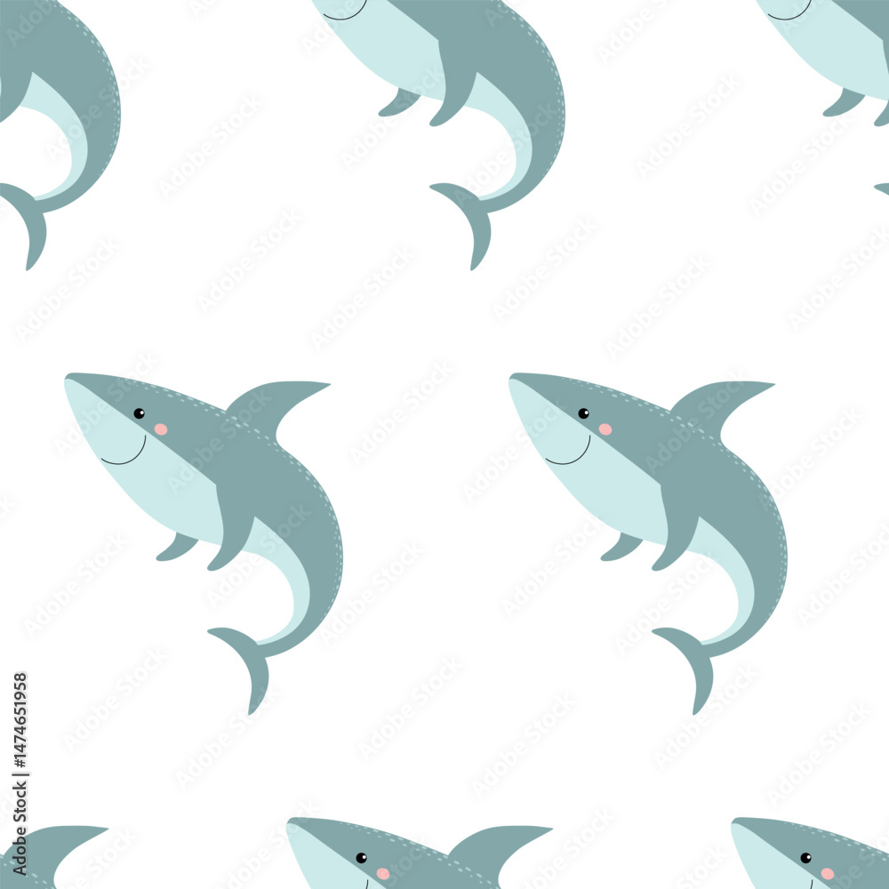 Naklejka premium Seamless pattern with cartoon smiling sharks. Vector. 