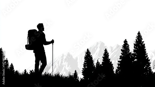 Minimalist Black and White Vector of Hiker with Backpack and Trekking Poles in Mountain Landscape