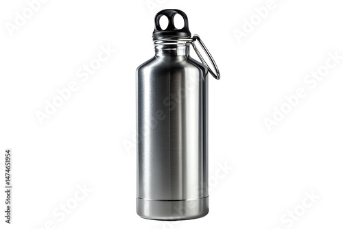 Stainless steel water bottle with screw cap, white isolated background.