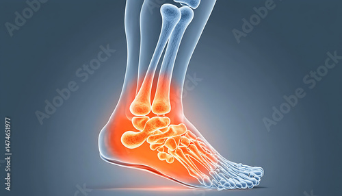 Ankle pain with foot bones, and 3D render.