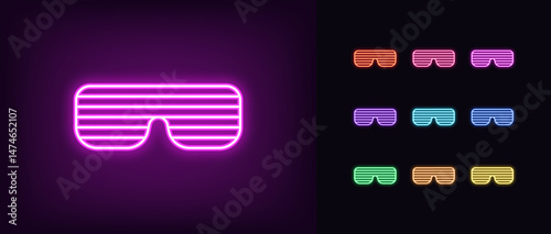 Outline neon shutter glasses icon. Glowing neon party sunglasses icon, retro style spectacles. Glamour club glasses, fashion sunglasses, party eyewear, disco style, dance eyeglass. Vector icon set