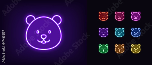 Outline neon bear face icon. Glowing neon teddy bear head icon, bear emoji with smile. Happy cute animal emoticon, funny baby, cartoon toy. Vector icon set