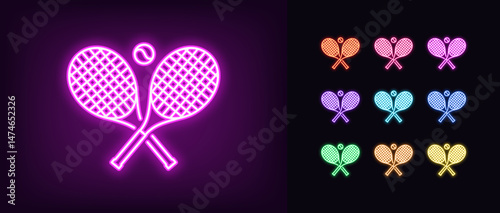 Outline neon tennis racket icon. Glowing neon rackets crosshair with ball, tennis game icon. Two rackets cross sign, tennis tournament and championship, sport court for training. Vector icon set