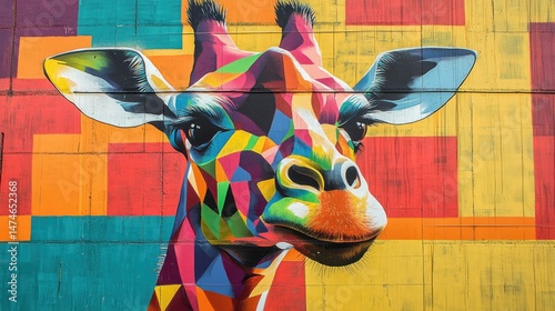 A colorful mural on a brick wall depicts a vibrant, geometric giraffe.