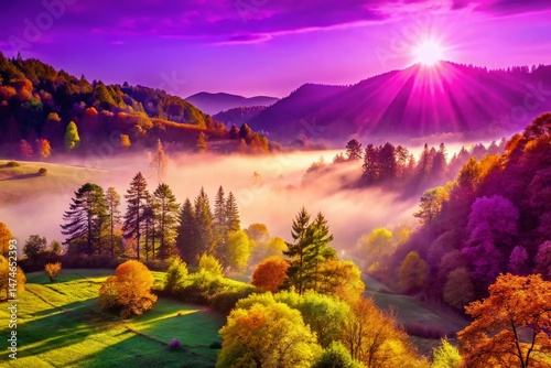 Vintage Sunlit Valley: Misty Morning in Lush Green Forest