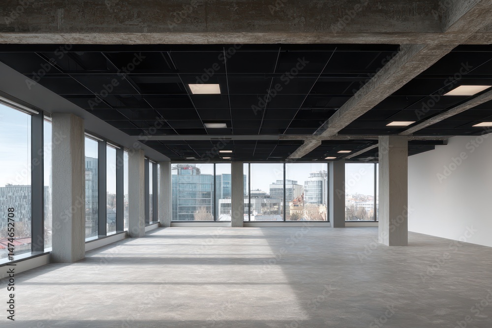 Empty office space with large windows concrete pillars and ceiling lights. Empty office space with large windows concrete pillars and ceiling lights.