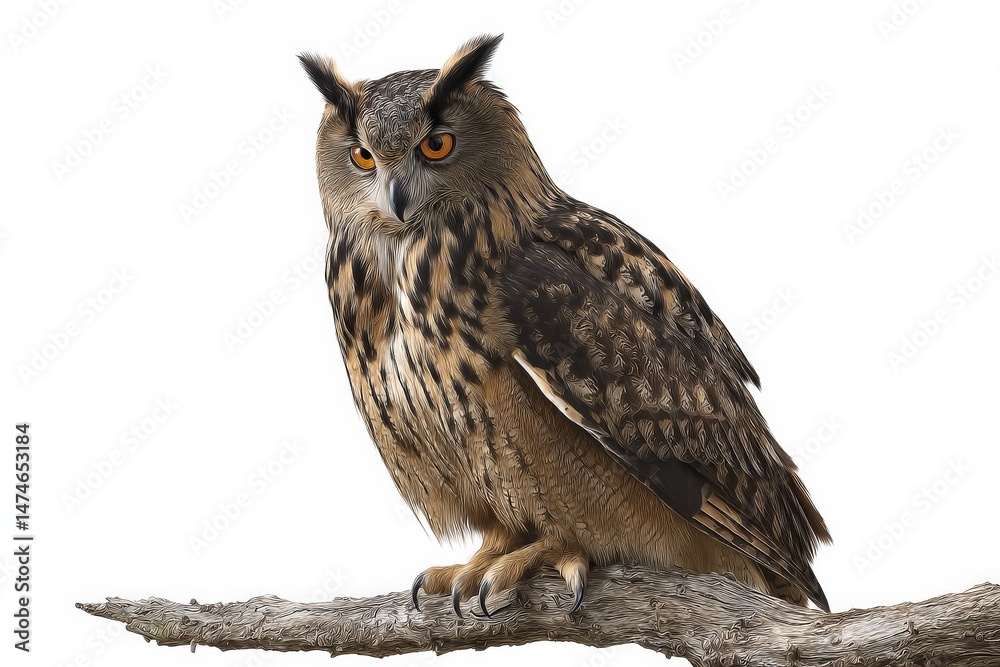 Fototapeta premium Majestic Eurasian eagle-owl perched on a branch, its intense gaze captivating.