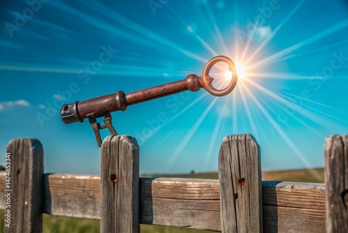 Vintage Windup Key on Rustic Wooden Fence, Scenic Landscape Background, Sunlit Meadow,  Countryside Charm