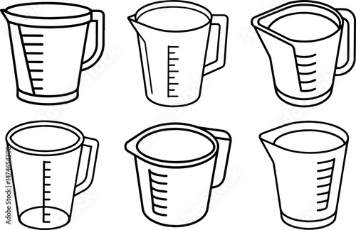 Set of measuring cup outline vector illustration, line art