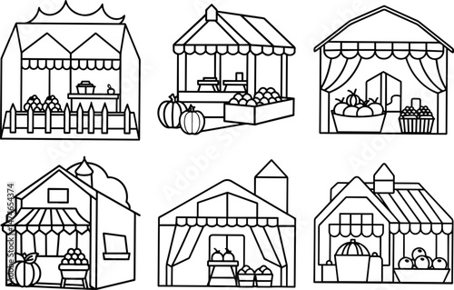 Set of fruit shop outline vector illustration, line art