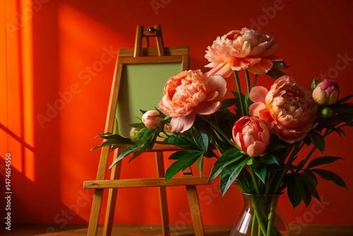 Watercolor Peonies Painting on Easel in Artistic Studio - Architectural Photography