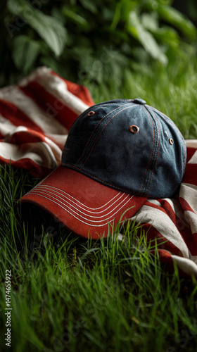 baseball cap with american flag on green drass, patriotism concept
