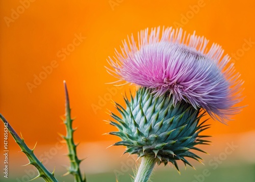 Wild Thistle Blooming in Summer Meadow, Blurred Background, Copy Space