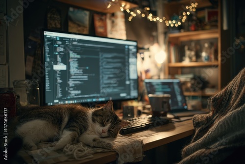 a Ukrainian freelance software developer working from a small cozy apartment, code on screen, cat sleeping nearby, realistic desk mess, nighttime light from laptop, storytelling photo