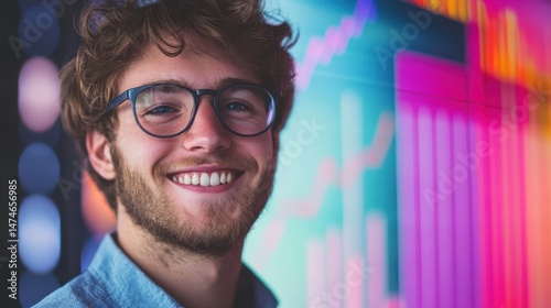 Portrait of a Smiling Young Man with Glasses Against a Vibrant Background