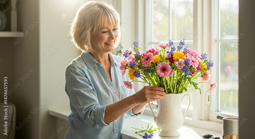 Woman arranging flowers in a vase. She is standing by a window with sunlight streaming in, smiling and enjoying her task. Woman arranging flowers in a vase. She is standing by a window with sunlight streaming in, smiling and enjoying her task.
