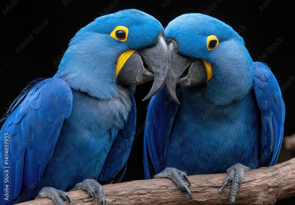 Obraz premium A pair of blue macaw parrots, sitting on a branch and kissing each other