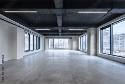 Empty office space with large windows concrete floor and dark ceiling.