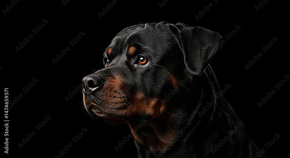 Fototapeta premium A close-up, dramatic profile view of a black Rottweiler head and upper neck against a deep black background.