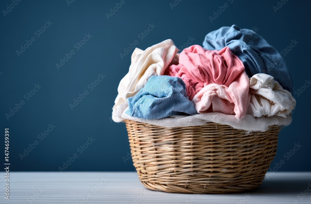 Obraz premium Wicker basket filled with colorful clothes against a blue background on table.