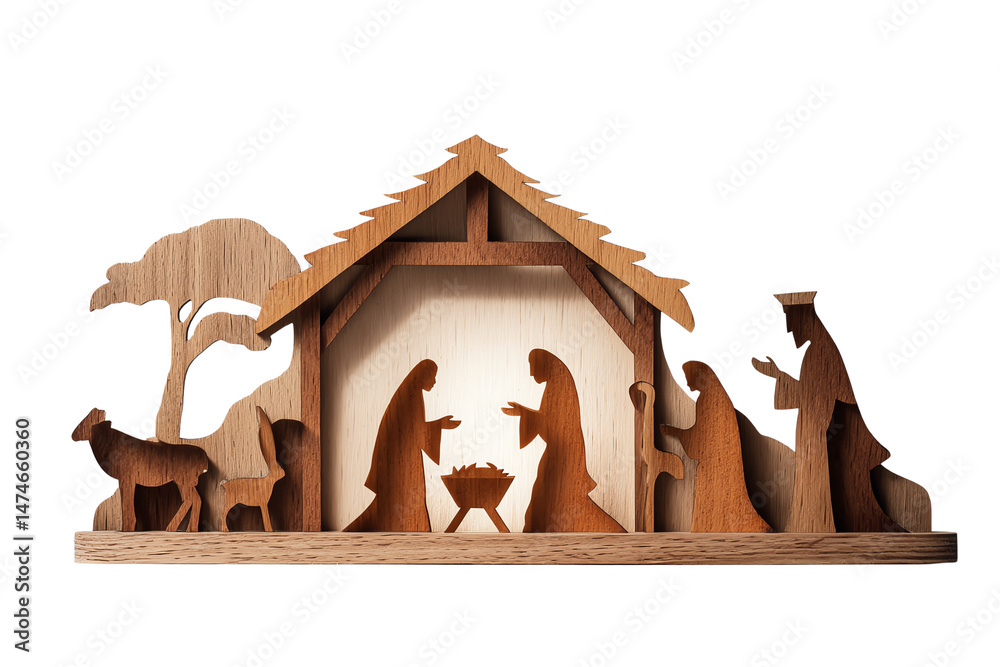 Fototapeta premium Wooden nativity scene featuring Mary, Joseph, and baby Jesus.