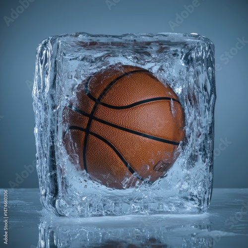 Frozen basketball encased in a large, clear ice cube