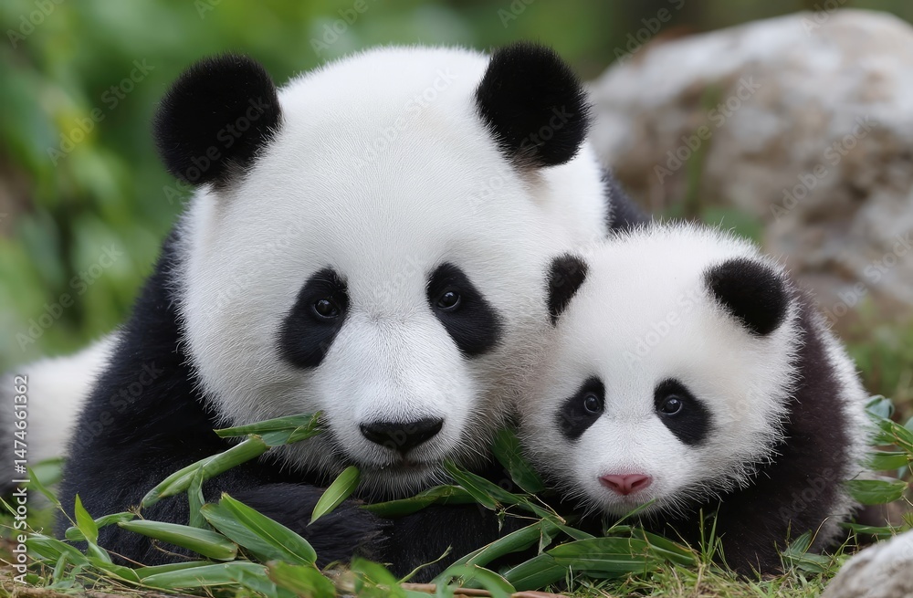 Naklejka premium two pandas eating bamboo on the grass, with one panda sitting and holding onto another's leg as it stands up to eat leaves from the high branches.